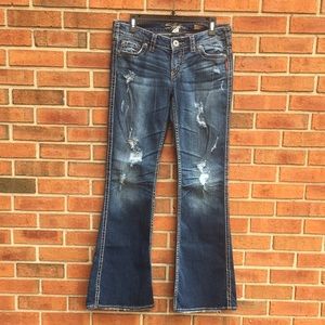 Silver Jeans Frances 22” Flare Low Rise Distressed Retro Bohemian Jean W29 L33